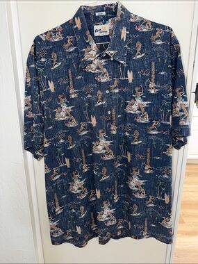 reyn spooner Tiki Dudes Blue Hawaiian Shirt Mens 2XL Classic Fit Limited
